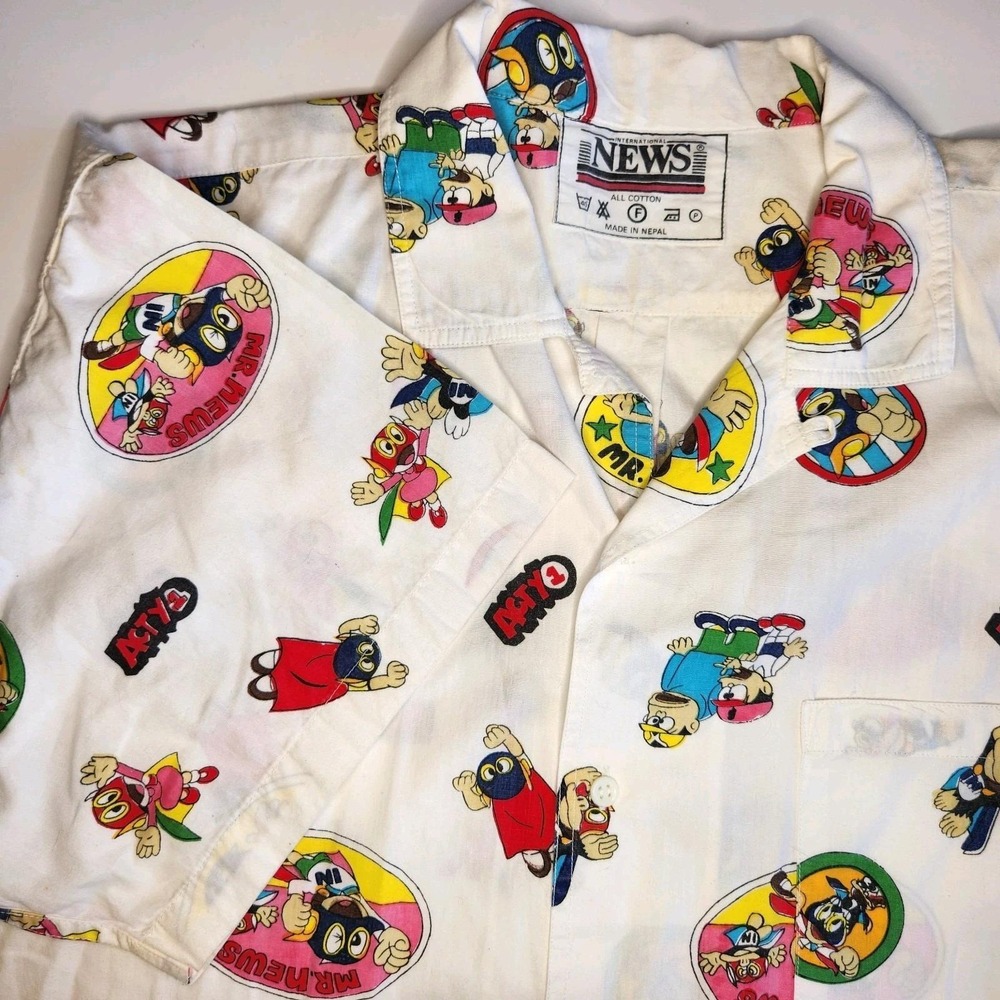 INTERNATIONAL NEWS‎ Comic Superhero Shirt Mens XL Button Up VTG 80s Kidcore